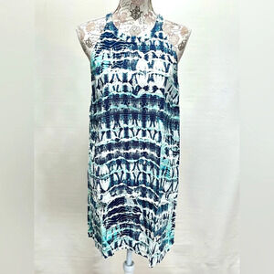 NICOLE MILLER Navy and aqua 💯 Linen halter neck mini dress size M.‎